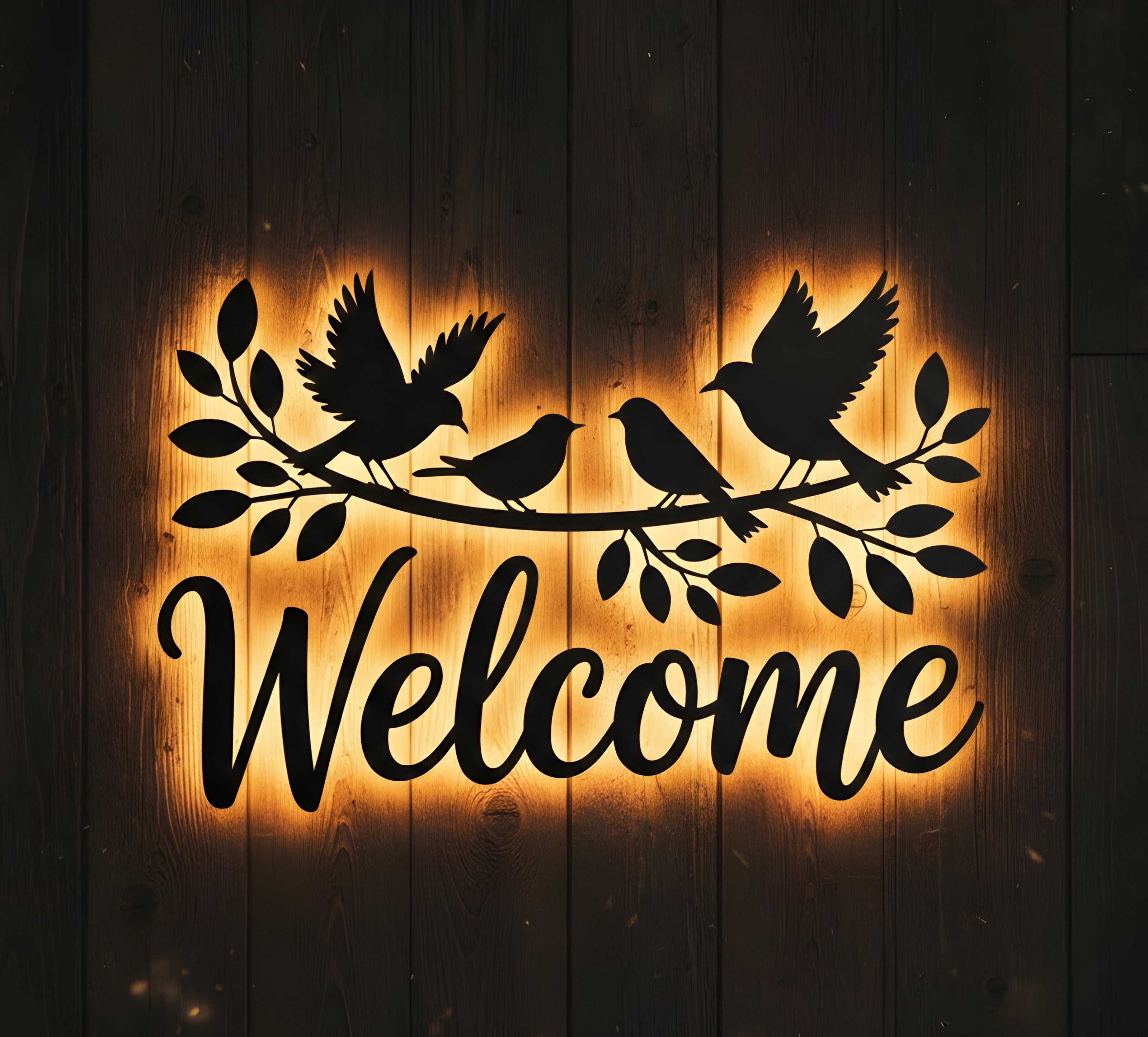 ✨ Backlit “Welcome” Metal Wall Sign with Birds