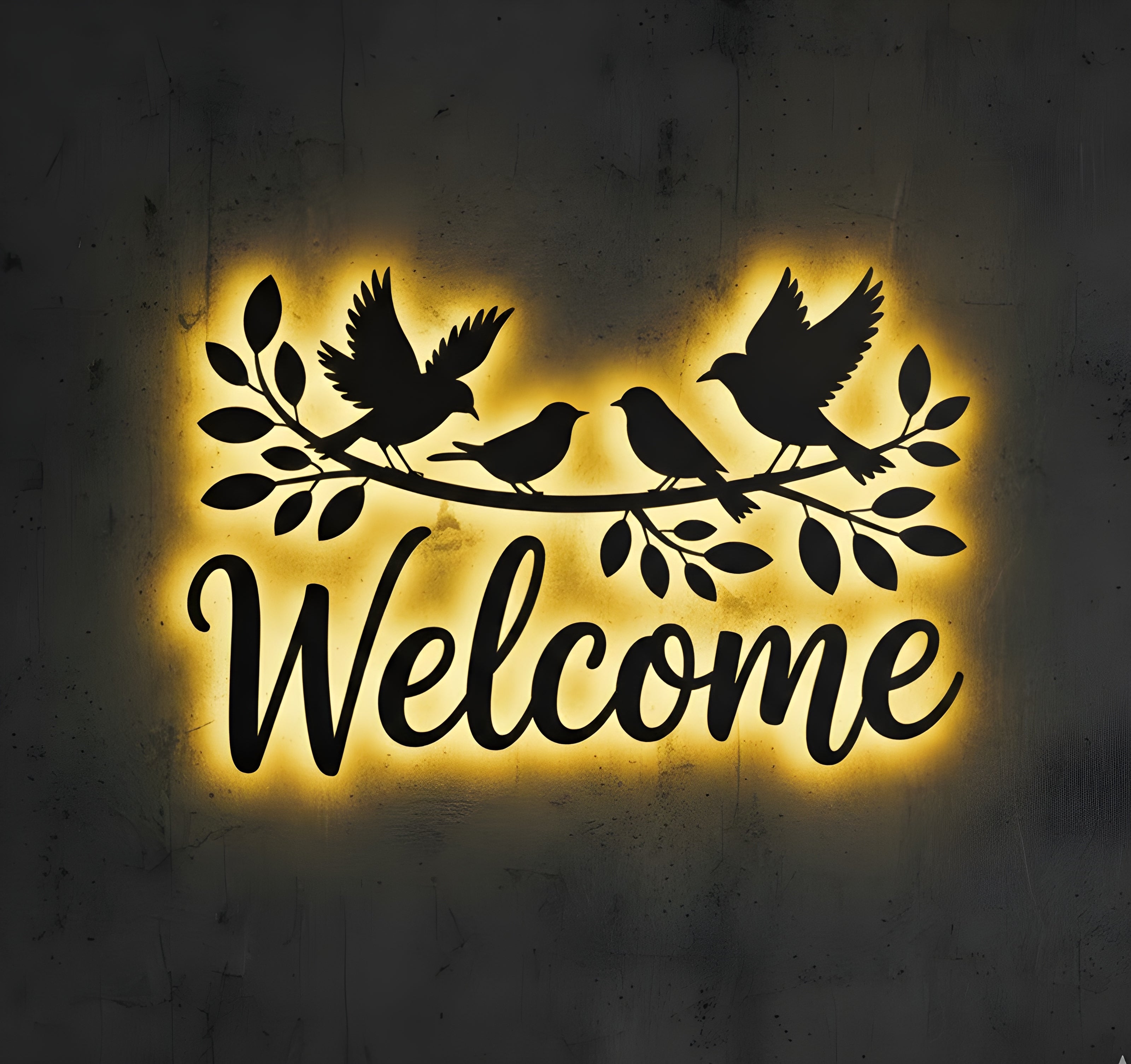✨ Backlit “Welcome” Metal Wall Sign with Birds